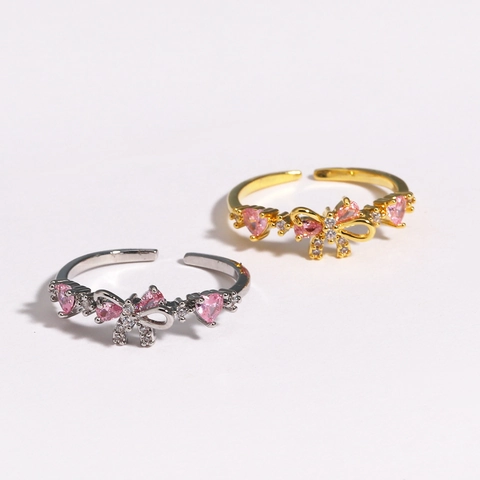 Bowknot Heart Ring Pink Cubic Zirconia Copper Adjustable Open Band Sweet Elegant Jewelry For Women