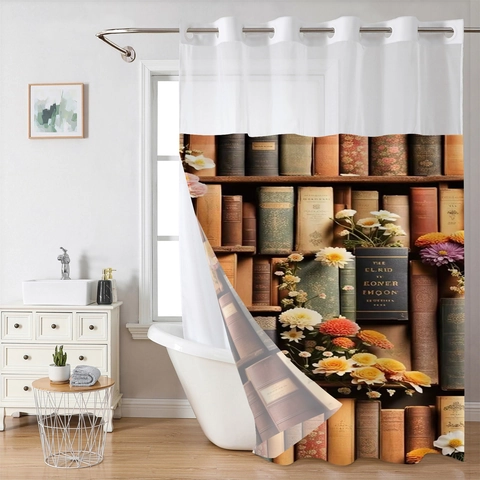 Hookless Shower Curtain Waterproof Polyester Layered Detachable Liner Mesh Window Weighted Magnet Bottom Vintage Art