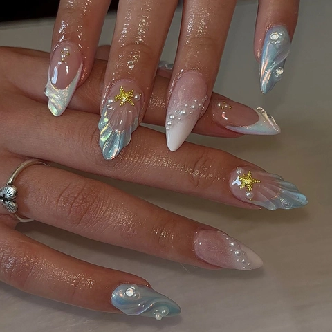 Tema Océano Sirena Uñas Postizas Textura Concha 3D Perla Artificial Estrella Diamantes Imitación Decoración Portátil Desmontable DIY Manicura Moda