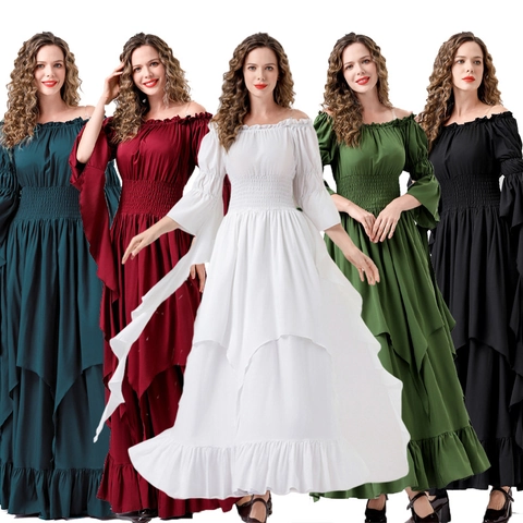 Medieval Renaissance Dress Women Polyester Smocked Waist Flared Sleeve Ruffle Gothic Retro Halloween Cosplay Gown