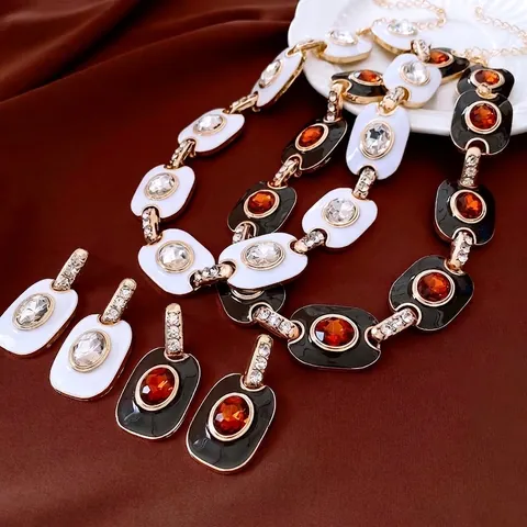 Set Di Gioielli Vintage In Smalto Collana In Lega E Orecchini Con Silver Earring Post Cristallo Ovale Geometrico Retro Donna