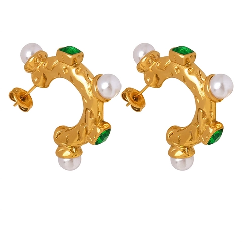 Pendientes De Aro En Forma De C Vintage Acero De Titanio Con Perlas Artificiales De Imitación Y Piedra De Vidrio Verde Textura Martillada