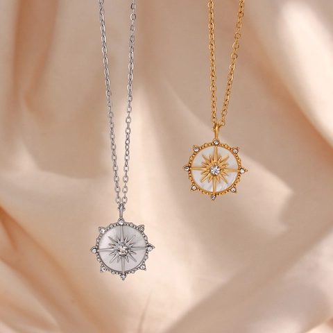 Mode Roestvrij Staal Schelp Sterrenregen Hanger Halsketting Voor Vrouwen Achtpuntige Ster Schelp Ingelegde Strass Ketting