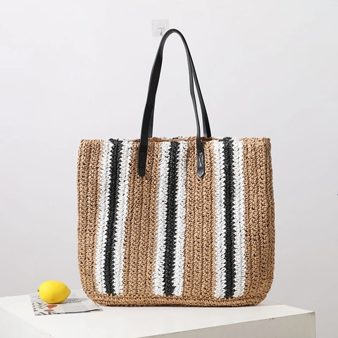 Striped Straw Tote Bag Handmade Woven Shoulder Bag Large Capacity Summer Vacation Beach Handbag For Women Contrast Color Style