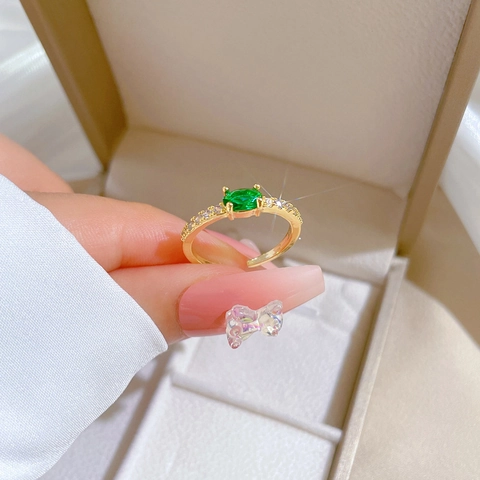 Brass Gold Plated Ring With Oval Green Zircon And Small White Cubic Zirconia Adjustable Open Band Fashion Jewelry Women