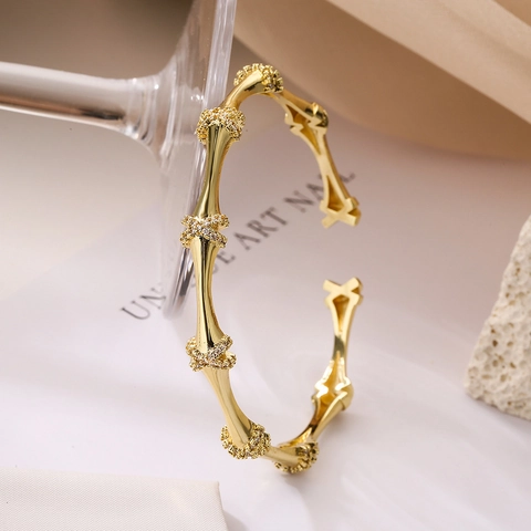 Bamboo Joint Open Bangle Copper Gold Plated With Cubic Zirconia Minimalist Elegant Luxury Jewelry For Women