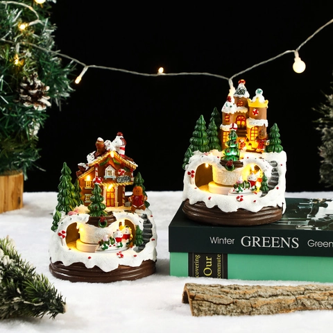Weihnachts-Spieluhr Harz LED Leuchtendes Schneehaus Rotierender Zug Miniatur Dorf Szene Desktop Festliches Ornament