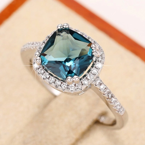Vintage Royal Blue Zircon Square Ring Cushion Cut Halo Copper Engagement Jewelry For Women