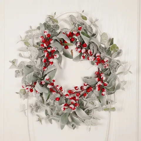 Ghirlanda Natale Ghiacciata Bacche Rosse Eucalipto Foglie Orecchie Coniglio Stoffa Schiuma Filo Ferro Innevata Arredo Porta Rurale