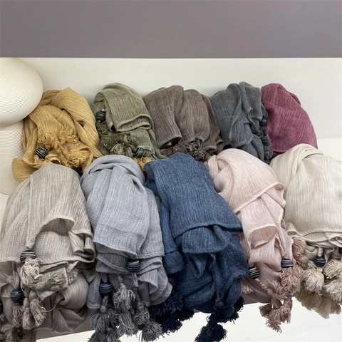 Women Cotton Linen Scarf Solid Color Long Shawl With Tassels And Wood Beads Sun Protection Bohemian Vintage Headscarf
