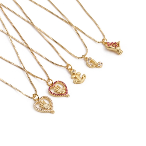 Gold Vergoldete Kupferkette Zirkon Herz Palme Anker Delfin Wal Musiknote Anhänger Boxkette Schmuck Für Frauen