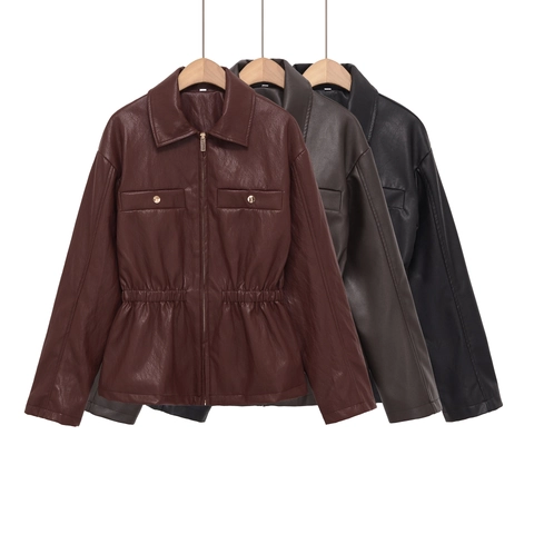 Women PU Leather Jacket Short Slimming Waist Outerwear Long Sleeve Zipper Flap Pockets Solid Color Faux Leather Coat