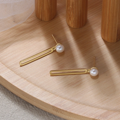 925 Sterling Silver Freshwater Pearl Drop Earrings Geometric Gold Plated Minimalist Geometric Dangle Earrings For Women