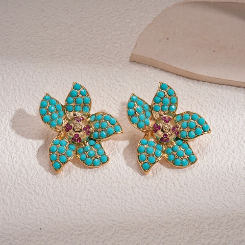 Vintage Flower Stud Earrings Alloy Rhinestone Turquoise With 925 Sterling Silver Earring Post Ethnic Women Jewelry