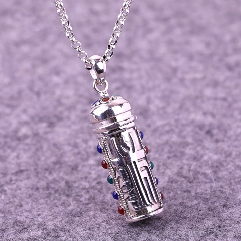 Gawu Box Pendant Necklace Retro Silver Style Copper Cylinder Mantra Carving Multicolored Stones Ethnic Religious Jewelry