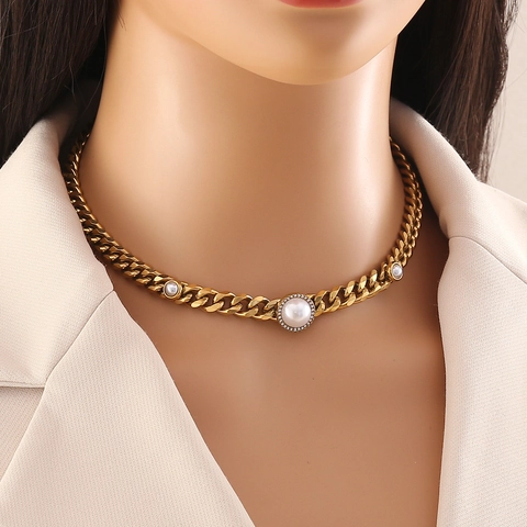 Collar De Acero Inoxidable Chapado En Oro Cadena Cubana Perla Artificial Redonda Circón Halo Colgante Joyería Para Mujer Moda