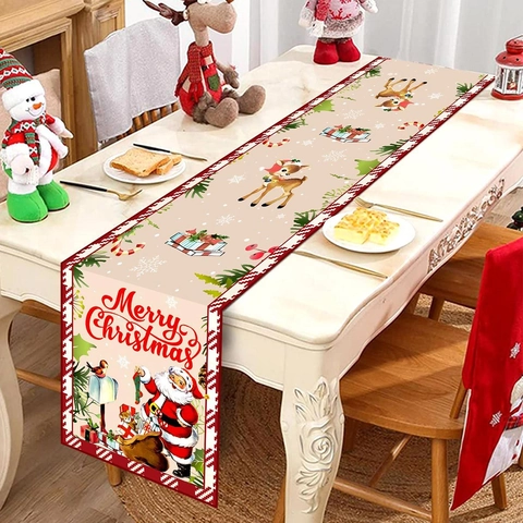 Christmas Table Runner Polyester Santa Claus Reindeer Cardinal Bird Holiday Dining Party Decor Festive Ornament