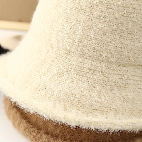 Women Winter Warm Plush Bucket Hat Faux Fur Knitted Solid Color Windproof Adjustable Retro Fisherman Cap Outdoor