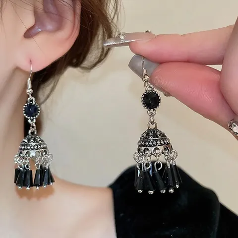 Ρετρό Bohemian Jhumka Σκουλαρίκια Με Φούντα Με Μαύρο Κρύσταλλο Και 925 Sterling Silver Earring Post Ethnic Style Γυναίκες