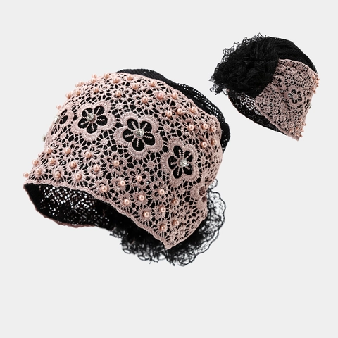 Damen Turban Hut Elegant Blumen Spitze Künstliche Perle Rhinestone Atmungsaktiv Beanie Vintage Dekorative Kopfbedeckung