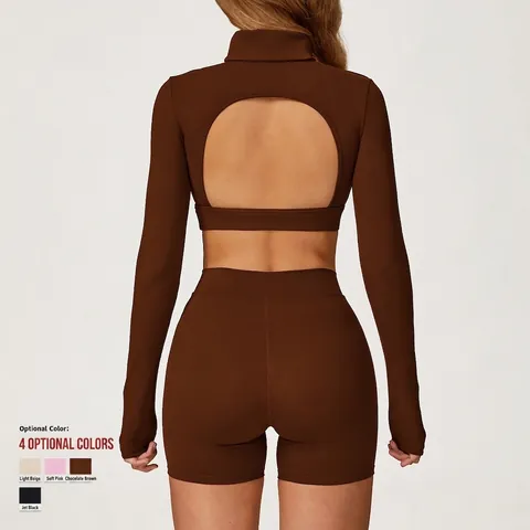 Dames Yoga Top Met Lange Mouwen Hoge Hals Open Rug Slim Fit Sportshirt Nylon Spandex Geborstelde Stof Fitness Kleding