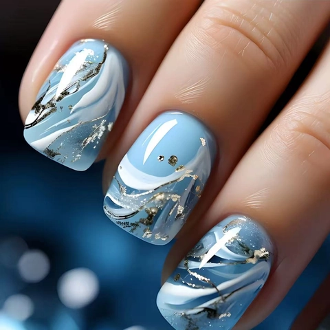Blue Marble Wave Press On Nails Gold Foil Smudge Art French Style Short Square Artificial False Fingernails