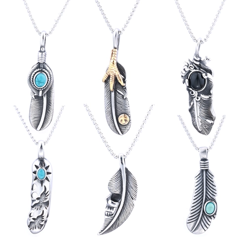 Collier Pendentif Plume Rétro Acier Inoxydable Avec Incrustation Turquoise Obsidienne Style Punk Rock Moto Pour Hommes Femmes