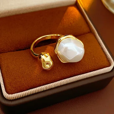 Gold Plated Brass Open Ring With Irregular White Faux Artificial Pearl And Molten Texture Metal Ball Minimalist Fashion For Women