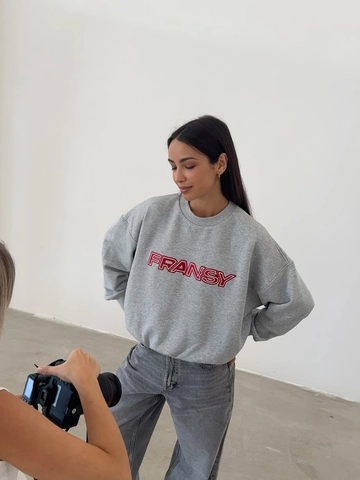 Damen Sweatshirt Aus Baumwolle Crew Neck Amerikanischer Retro Stil Buchstaben Stickerei Übergroß Streetwear Grau Top