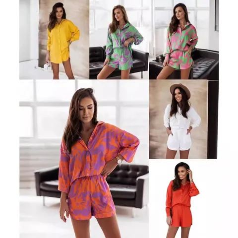 Tenue De Vacances Décontractée Pour Femmes Chemise À Manches Longues Et Short Imprimé Polyester Élégant Vêtement De Loisirs