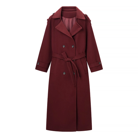 Women Long Woolen Coat Double Breasted Belted Waist Lapel Elegant Solid Wine Red Winter Outwear Warm Fashion Jacket