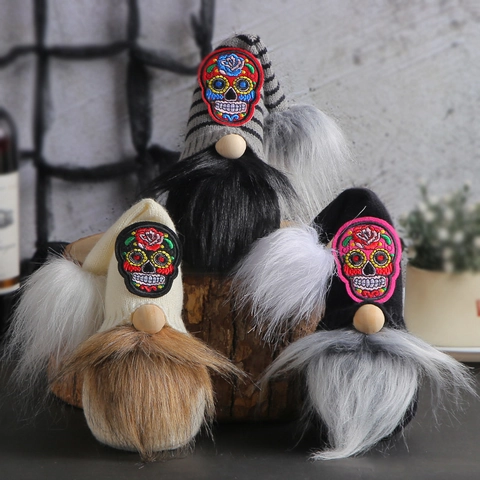 Gnome De Jour Des Morts En Peluche Broderie Crâne De Sucre Décoration D'halloween Poupée Sans Visage Pour Étagère De Table