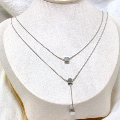 Minimalist Titanium Steel Layered Square Pendant Necklace For Women Gold Silver Plated Geometric Cube Snake Bone Chain Jewelry