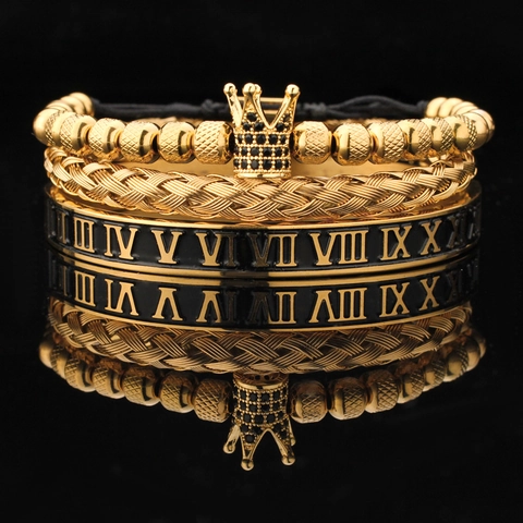 Juego de Pulseras de Acero Inoxidable para Hombre con Corona y Números Romanos Brazalete Trenzado Incrustado con Circonia Joyería Punk Regalo