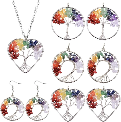 Handmade Wire Wrapped Tree Of Life Pendant Natural Crystal Crushed Stones Seven Chakra Reiki Healing Jewelry Pendants For Women