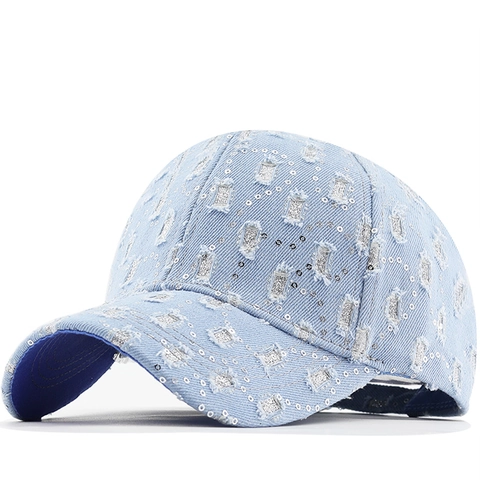 Casquette De Baseball En Denim Vieilli Avec Paillettes Argentées Protection Solaire Vintage Chapeau Réglable Pour Femme