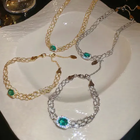 French Retro Square Green Zircon Pendant Necklace Bracelet Copper Double Layer Mesh Chain Elegant Jewelry Women