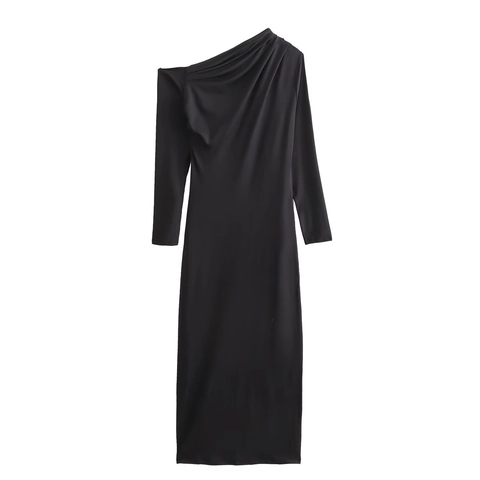 Ein-Schulter Maxikleid Mit Raffungen Asymmetrisch Langarm Figurbetont Polyester Sexy Elegant Einfarbig Mode Damen