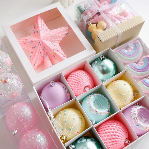 Macaron Candy Color Christmas Ornaments Star Tree Topper Rainbow Rocking Horse Plastic Glitter Baubles
