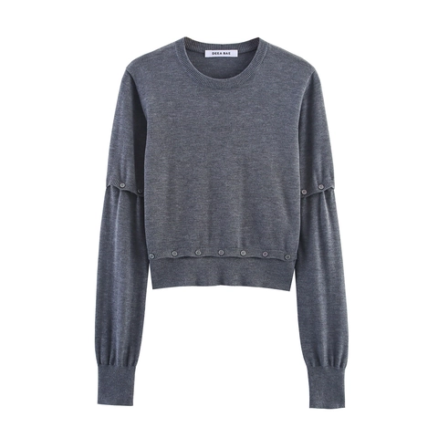 Damen Strickpullover Mit Rundhalsausschnitt Dekorative Knöpfe Dekonstruierter Stil Langarm Polyester Acryl Casual