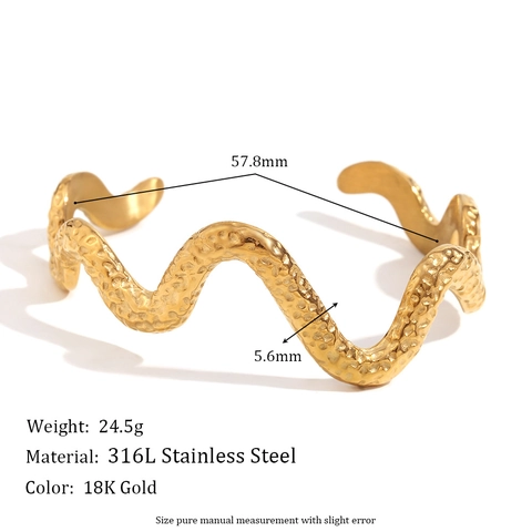 Roestvrij Stalen Gehamerde Golf Open Bangle 18K Verguld Minimalistische Slangvormige Cuff Armband Verstelbare Mode Sieraden Voor Vrouwen