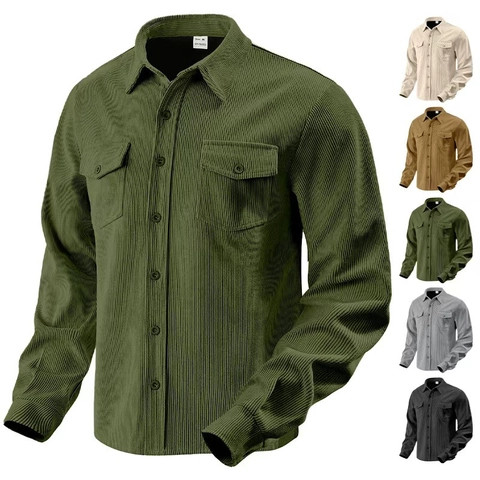 Men Long Sleeve Corduroy Shirt Jacket Button Down Lapel Casual Solid Color Work Shacket Top With Dual Pockets Fashion