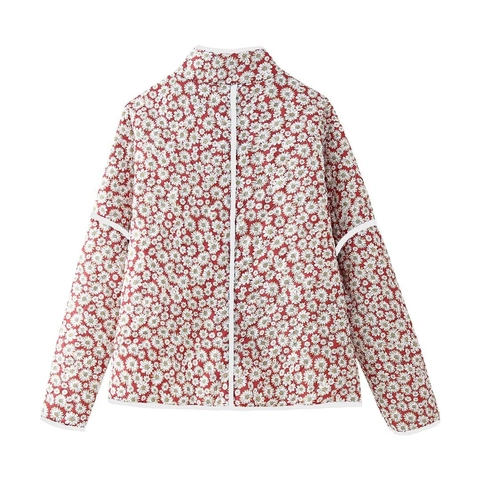 Dames Doorgestikte Jas Bloemen Madeliefje Print Opstaande Kraag Gewatteerde Jas Vintage Casual Met Zakken