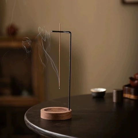 Upside Down Incense Burner Wood Base Metal Holder Ash Catcher Zen Modern Aroma Diffuser Home Decor Minimalist Ornament