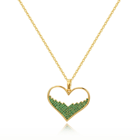 Collier Pendentif Coeur Cuivre Plaqué Or Zircon Vert Émeraude Bijoux De Mode Creux Pour Femmes