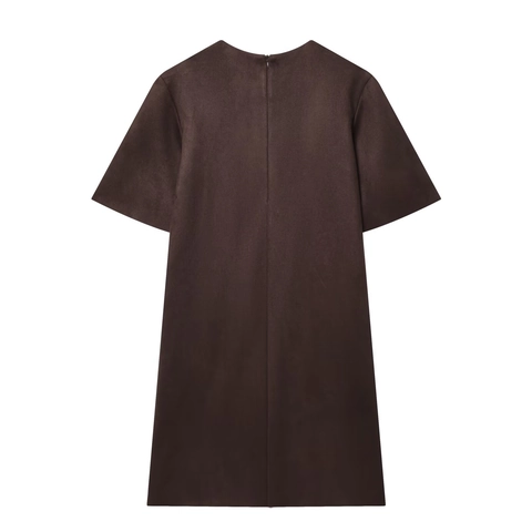 Dames Mode Imitatiesuède Jurk Korte Mouw Met Klinknagel Versiering Effen Kleur Ronde Hals Mini A-Lijn Party Jurk