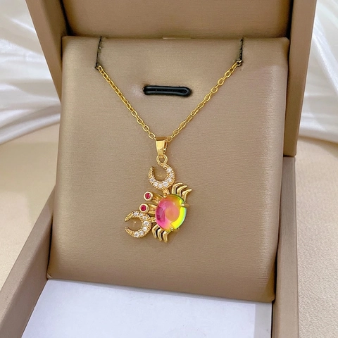 Crab Pendant Necklace With Iridescent Stone And Zircon Inlay Titanium Steel Gold Plated Luxury Jewelry For Women