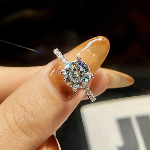 Moissanite Ring 925 Sterling Silver Round Brilliant Cut Four Prong Pavé Setting Elegant Jewelry For Women