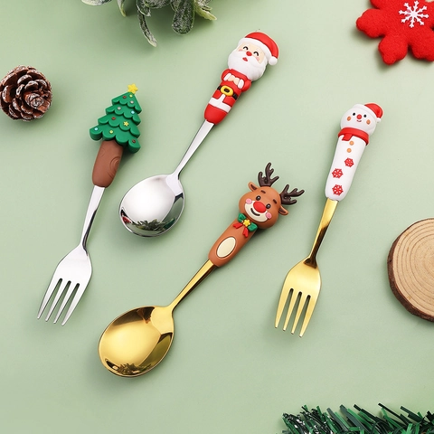 Christmas Spoon And Fork Stainless Steel Silicone Cartoon Santa Claus Reindeer Snowman Tree Holiday Dinnerware For Kids
