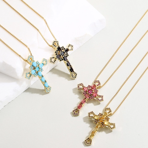 Kreuz Anhänger Halskette Kupfer 18K Vergoldet Geometrisch Zirkonia Nische Hip Hop Modeschmuck Für Damen